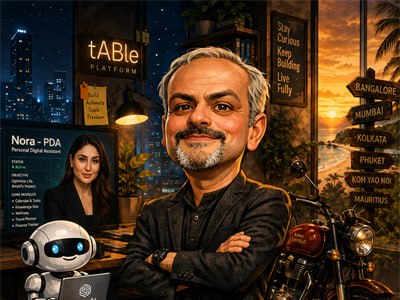 Illustration of Agnishwar Banerjee in his workspace, surrounded by books, a chessboard, a robot assistant and city signs